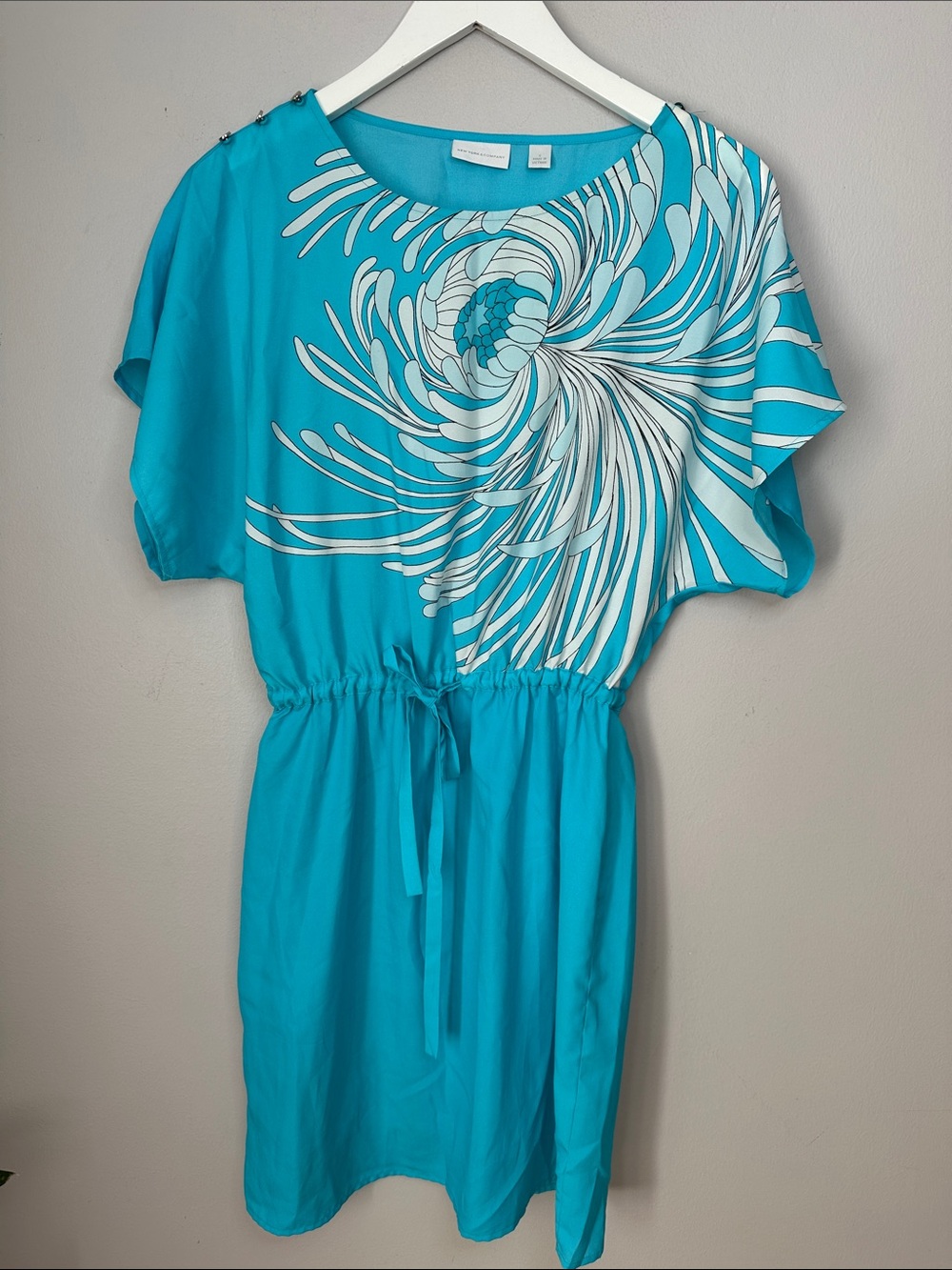 Turquoise abstract chrysanthemum swirl Drawstring Waist Dress size S